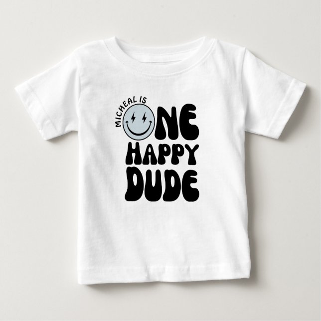 One Happy Dude Blue Happy Face Boy First Birthday  Baby T-Shirt (Front)