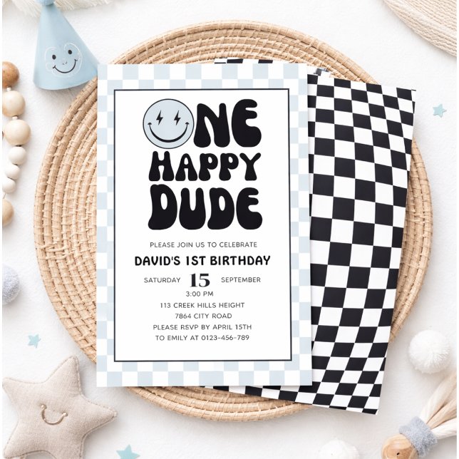 One Happy Dude Blue Happy Face Boy First Birthday  Invitation (Creator Uploaded)