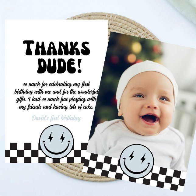 One Happy Dude Blue Photo Birthday Thank You Card (Creator Uploaded)