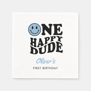 One Happy Dude Blue Retro Happy Face 1st Birthday  Napkin