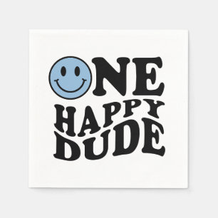 One Happy Dude Blue Retro Preppy Smile Birthday Napkin