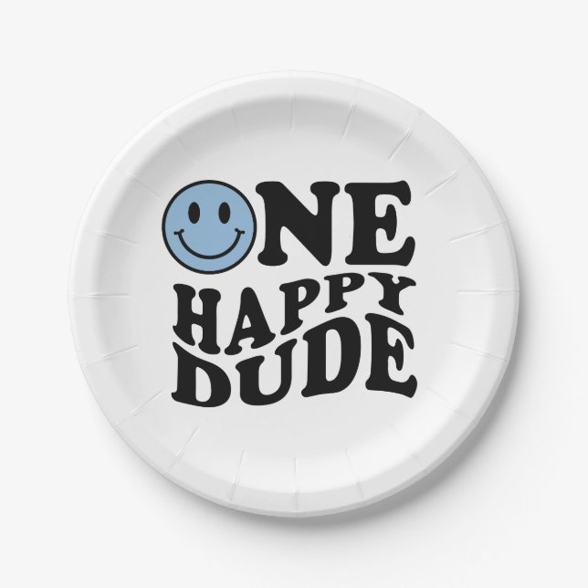One Happy Dude | Blue Retro Preppy Smile Birthday  Paper Plate (Front)