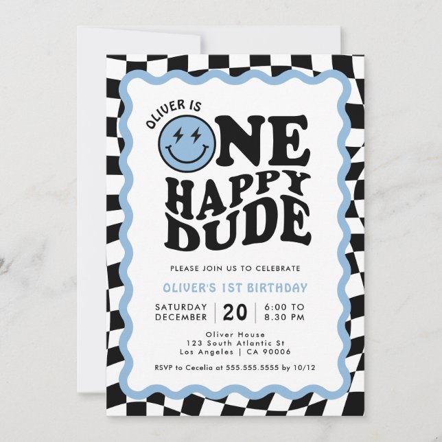 One Happy Dude | Blue Smile Face Boy 1st Birthday Invitation (Front)