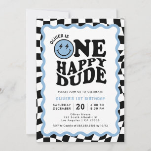 One Happy Dude Blue Smile Face Boy 1st Birthday Invitation