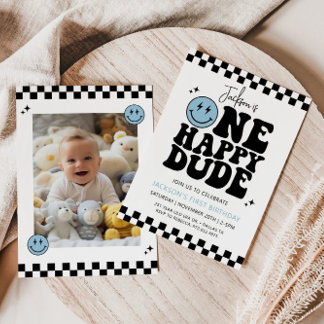 ONE HAPPY DUDE Blue Smile Face First Birthday  Invitation