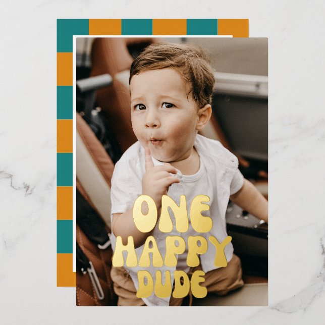 One Happy Dude Boy 1st Birthday Photo Emoji Gold (Front/Back)