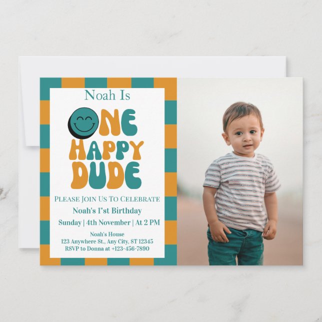  One Happy Dude Boy 1st Birthday Photo  Invitation (Front)