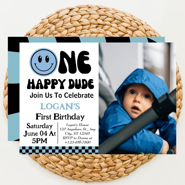 One Happy Dude Boy 1st Birthday Photo Invitation (Creator Uploaded)