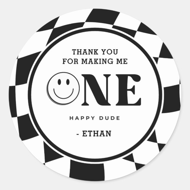 One Happy Dude Boy 1st Birthday Thank You Classic Round Sticker (Front)