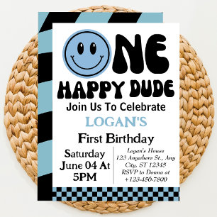 One Happy Dude Boy  First Birthday   Invitation