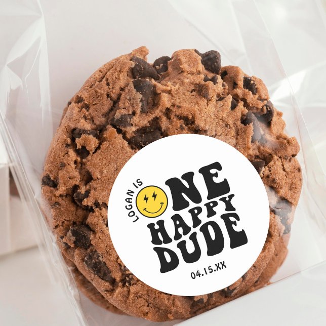 One Happy Dude Boy First Birthday Party Classic Round Sticker (Creator Uploaded)