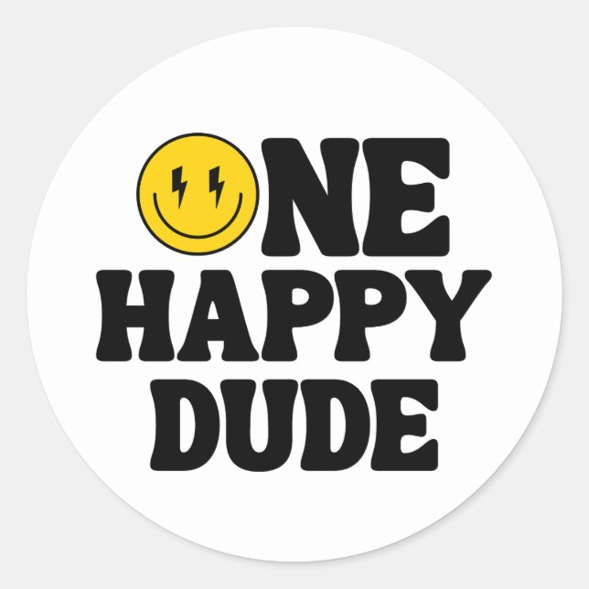 One Happy Dude Boy's Retro 1st Birthday  Classic Round Sticker (Front)