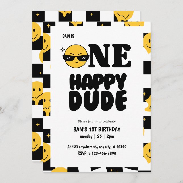 One happy dude chequered happy emoji 1st birthday  invitation (Front/Back)
