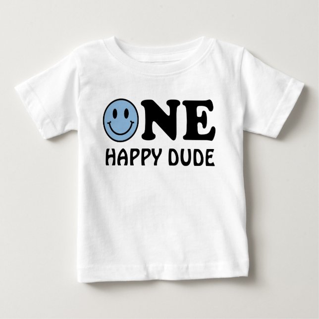 One Happy Dude | Custom Blue Smile First Birthday Baby T-Shirt (Front)