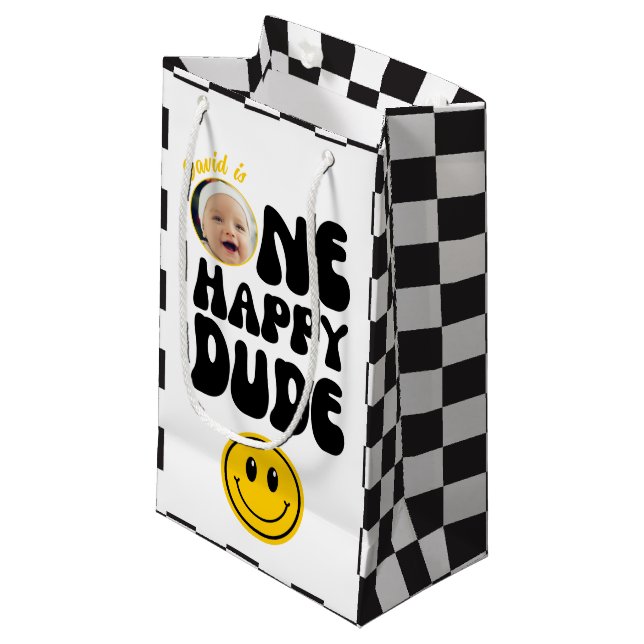 One Happy Dude Custom Photo First Birthday Small Gift Bag (Front Angled)