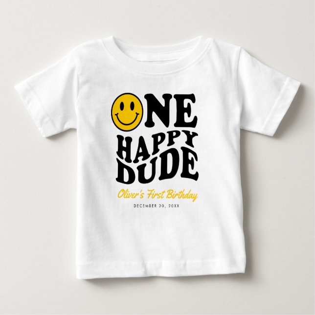 One Happy Dude Custom Smile Face Boy 1st Birthday Baby T-Shirt (Front)