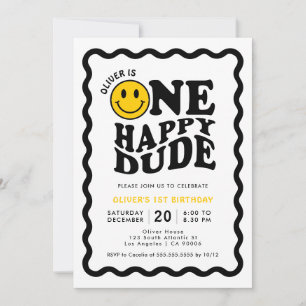 One Happy Dude   Cute Happy Face Boy 1st Birthday Invitation