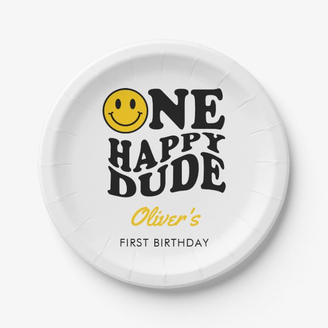 One Happy Dude Cute Retro Happy Face 1st Birthday  Paper Plate (Front)
