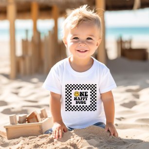 One Happy Dude First Birthday TShirt, Chequered  Baby T-Shirt