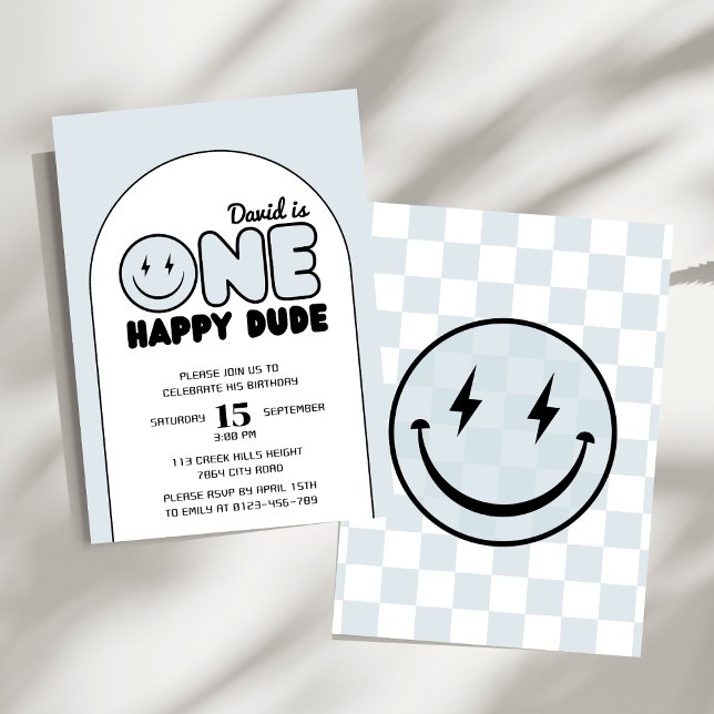 One Happy Dude Groovy Blue Boy Birthday Invitation (Creator Uploaded)