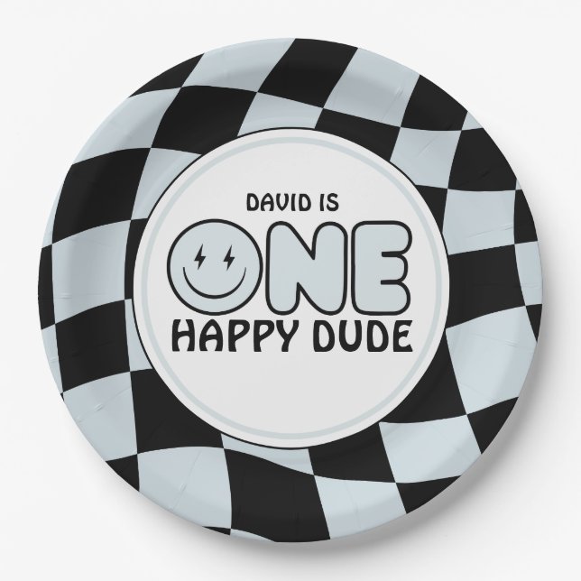 One Happy Dude Groovy Happy Face Boy Birthday Paper Plate (Front)