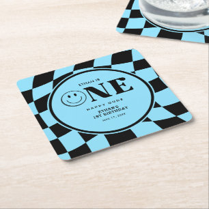 One Happy Dude Happy Face Blue Boy 1st Birthday  Square Paper Coaster