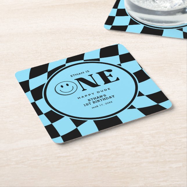 One Happy Dude Happy Face Blue Boy 1st Birthday  Square Paper Coaster (Angled)