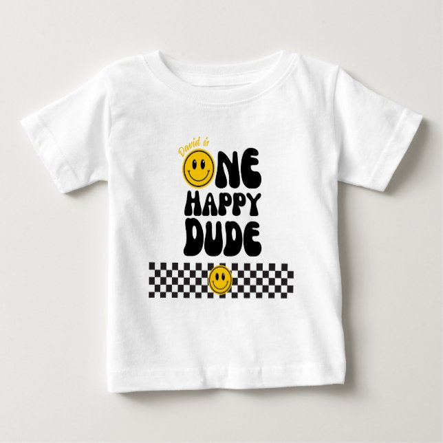 One Happy Dude Happy Face Boy 1st Birthday Baby T-Shirt (Front)