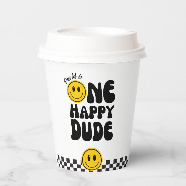 One Happy Dude Happy Face Boy 1st Birthday Paper Cups (Front)