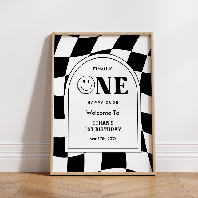 One Happy Dude Happy Face Boy 1st Birthday Welcome Poster (One Happy Dude Happy Face Boy 1st Birthday Welcome Sign )