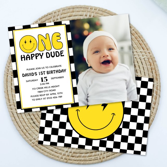 One Happy Dude Happy Face Boy Birthday Photo Invitation (Creator Uploaded)