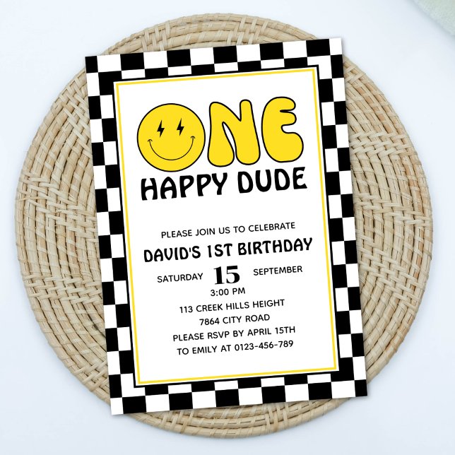 One Happy Dude Happy Face Boy Birthday Retro Invitation (Creator Uploaded)