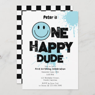 One Happy Dude Invite 1st First Birthday Boy Blue
