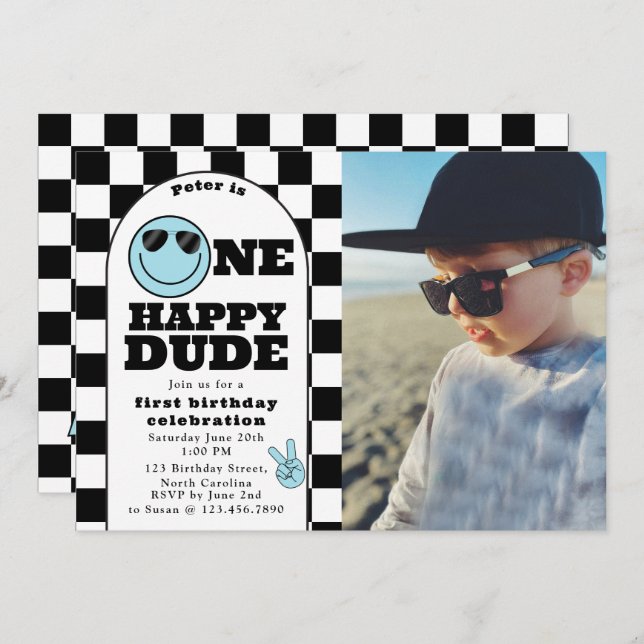 One Happy Dude Invite 1st First Birthday Boy Photo (Front/Back)