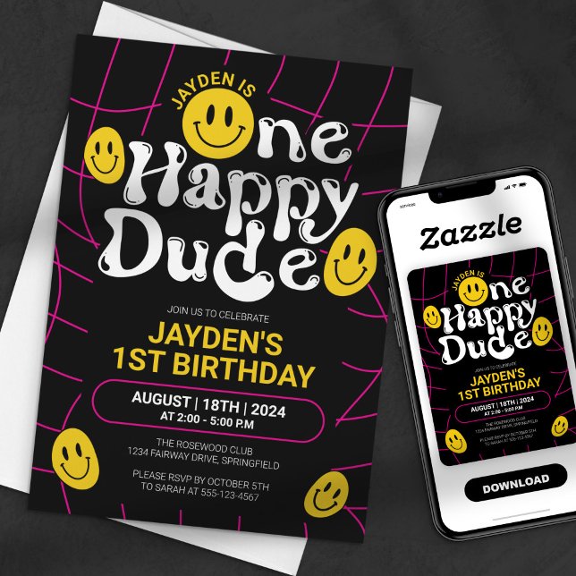 One Happy Dude Neon Smile Face Boy 1st Birthday Invitation (Creator Uploaded)
