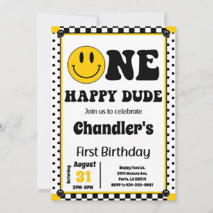 ONE Happy Dude Polka Dot Smiley Face 1st Birthday Invitation