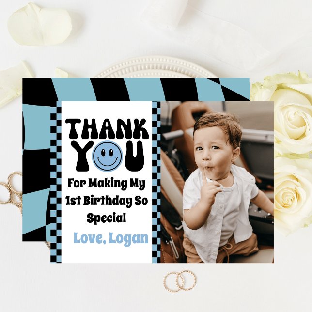 One Happy Dude Retro Boy 1st Birthday Party Photo  Thank You Card (Send out the smiles with our Happy Dude First Birthday Thank You Card)