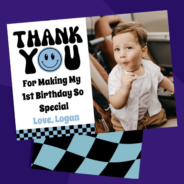 One Happy Dude Retro Boy 1st Birthday Party Photo  Thank You Card (Creator Uploaded)