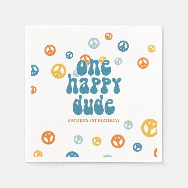 One Happy Dude Retro Boy birthday Paper Plates Napkin (Front)