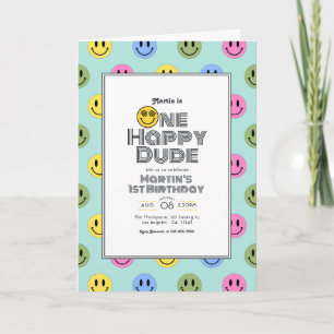 "One Happy Dude" Retro Smile 1st Birthday Party Invitation