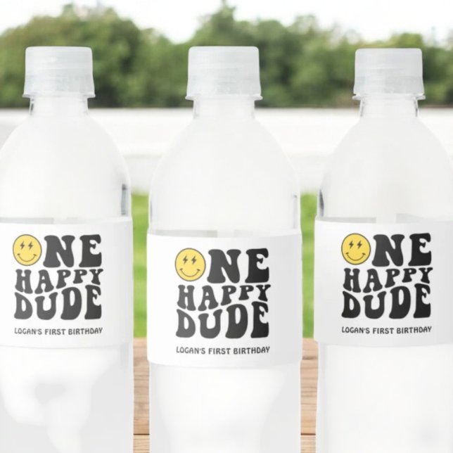 One Happy Dude Smile Face Boy First Birthday Water Bottle Label (Creator Uploaded)