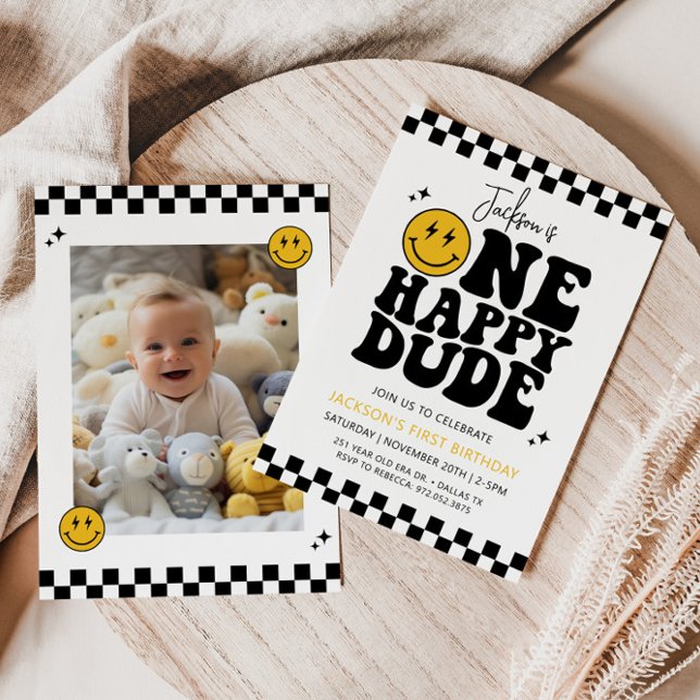 ONE HAPPY DUDE Smile Face First Birthday  Invitation (Creator Uploaded)