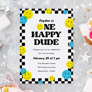 One Happy Dude Smiling Face 1st Birthday Party Invitation