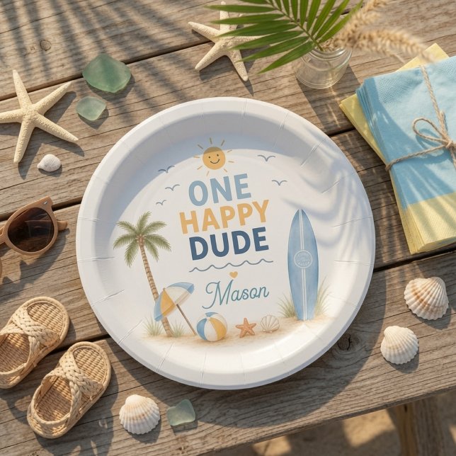 One Happy Dude Surf Beach Birthday  Paper Plate (Creator Uploaded)