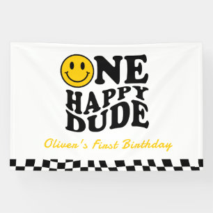 One Happy Dude Wavy Preppy Smile Boy 1st Birthday  Banner