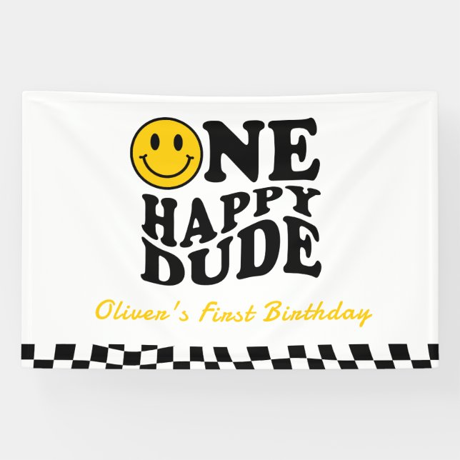 One Happy Dude Wavy Preppy Smile Boy 1st Birthday  Banner (Horizontal)