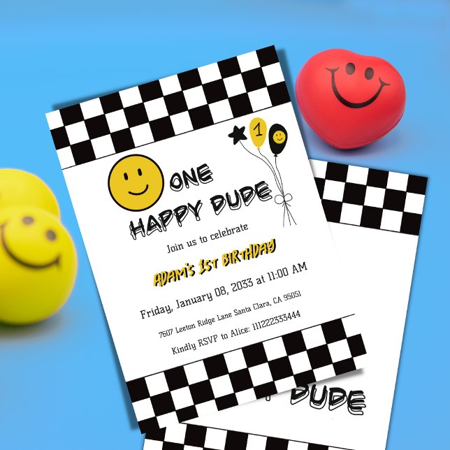 One Happy Dude Yellow Emoji First 1st Birthday Invitation (Creator Uploaded)