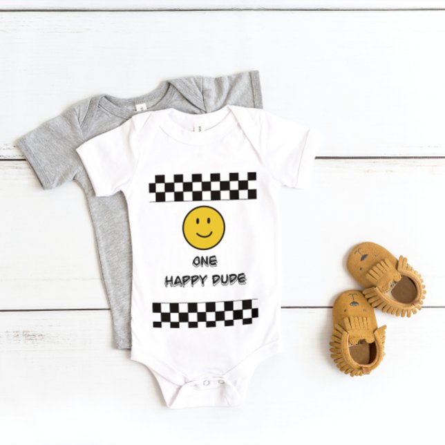 One Happy Dude Yellow Face Smile First 1 Birthday Baby Bodysuit (Creator Uploaded)