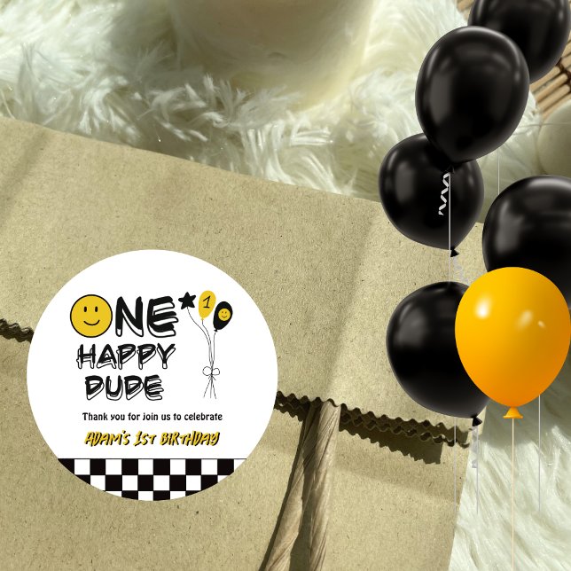 One Happy Dude Yellow Smile First 1st Boy Birthday Classic Round Sticker (Creator Uploaded)