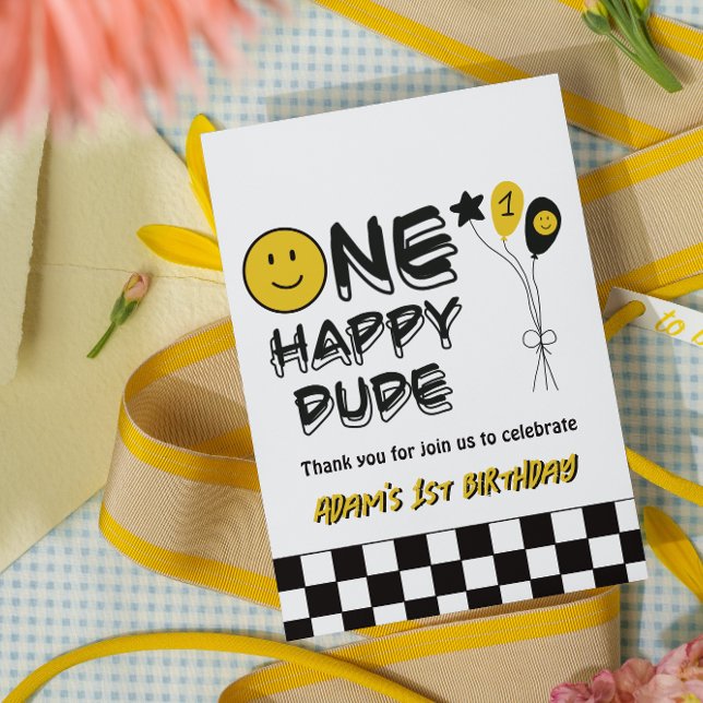 One Happy Dude Yellow Smile First 1st Boy Birthday Thank You Card (Creator Uploaded)